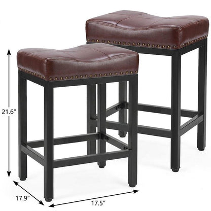Set of Two 22" Brown and Black Faux Leather and Steel Backless Bar Chairs