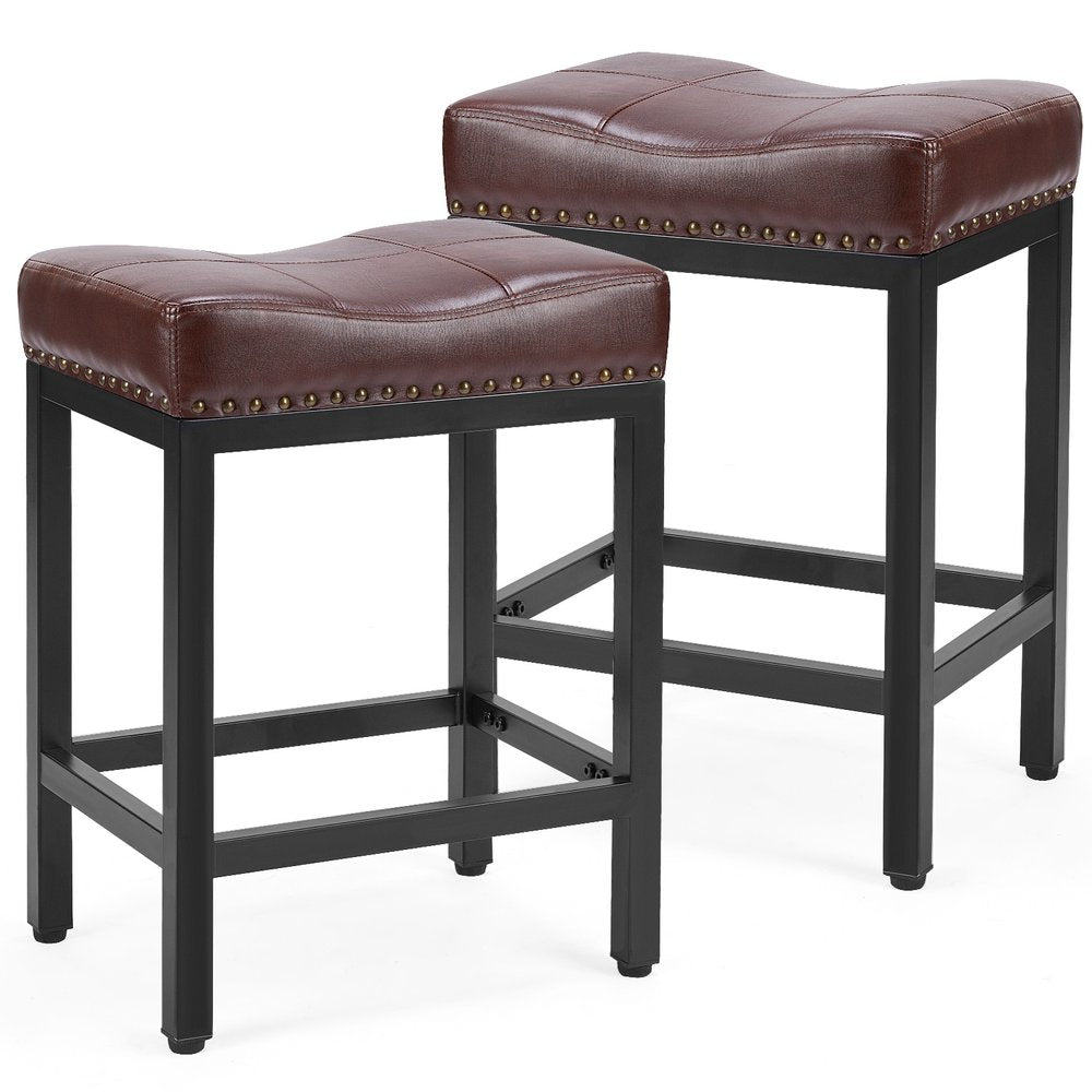 Set of Two 22" Brown and Black Faux Leather and Steel Backless Bar Chairs
