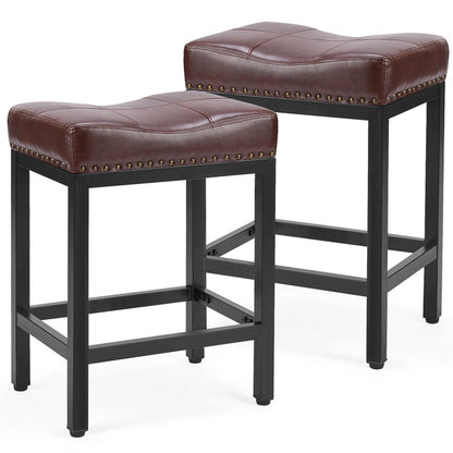 Set of Two 22" Brown and Black Faux Leather and Steel Backless Bar Chairs