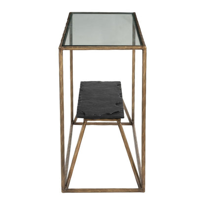 48" Clear and Brass Glass Iron and Stone Frame Console Table With Shelf
