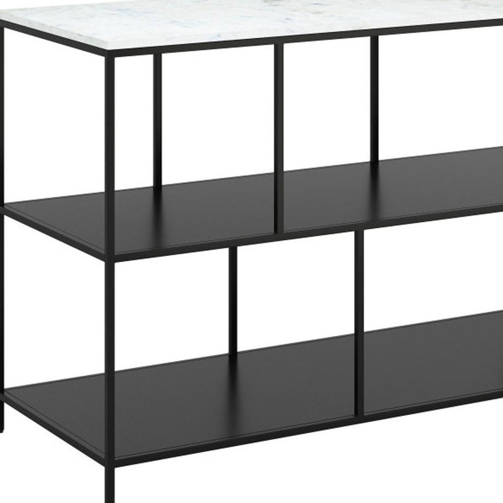 54" White and Black Genuine Marble and Steel Frame Console Table With Two Shelves