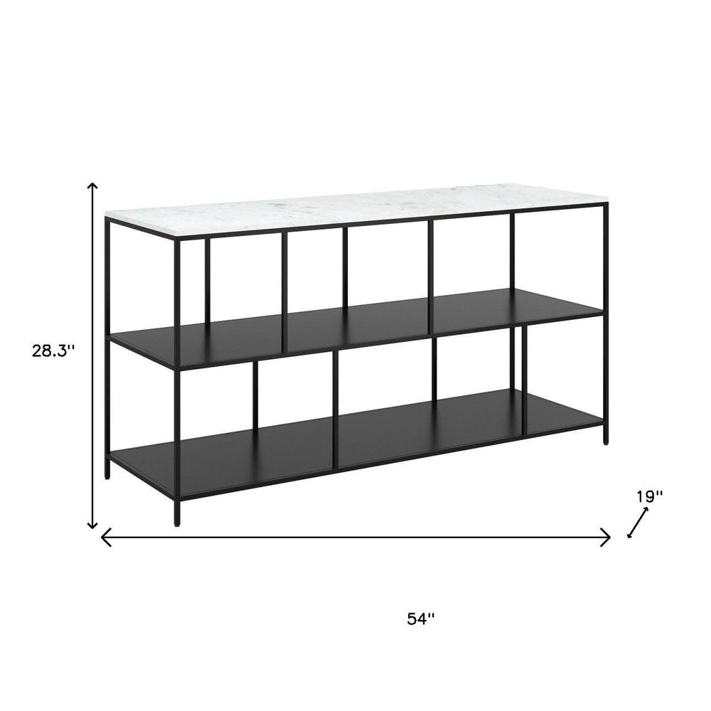 54" White and Black Genuine Marble and Steel Frame Console Table With Two Shelves