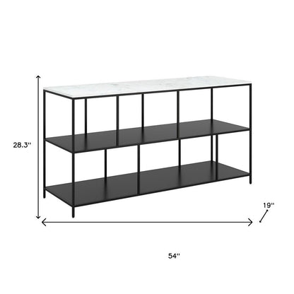 54" White and Black Genuine Marble and Steel Frame Console Table With Two Shelves