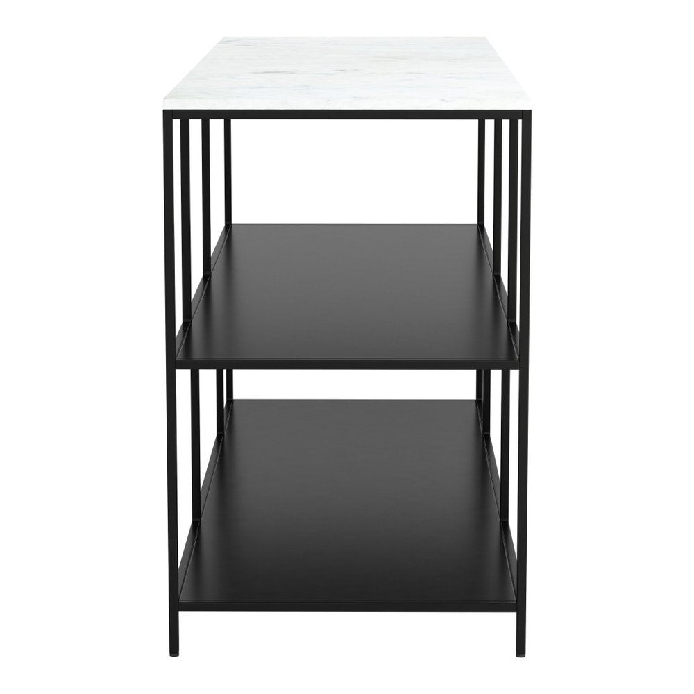 54" White and Black Genuine Marble and Steel Frame Console Table With Two Shelves