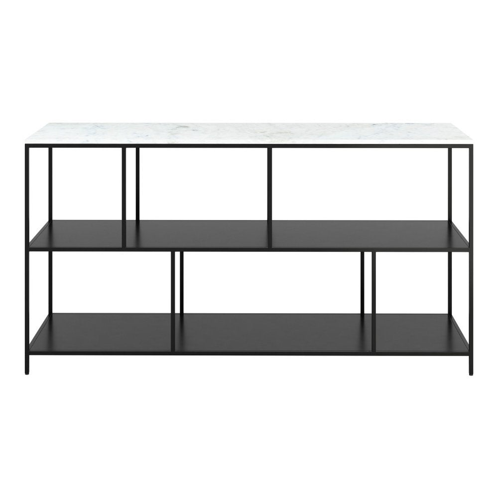 54" White and Black Genuine Marble and Steel Frame Console Table With Two Shelves
