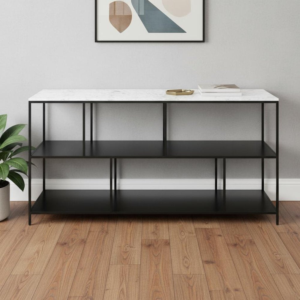 54" White and Black Genuine Marble and Steel Frame Console Table With Two Shelves