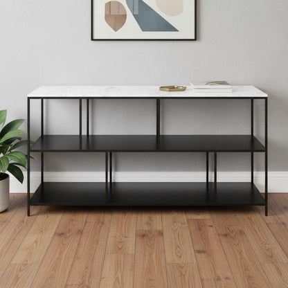 54" White and Black Genuine Marble and Steel Frame Console Table With Two Shelves