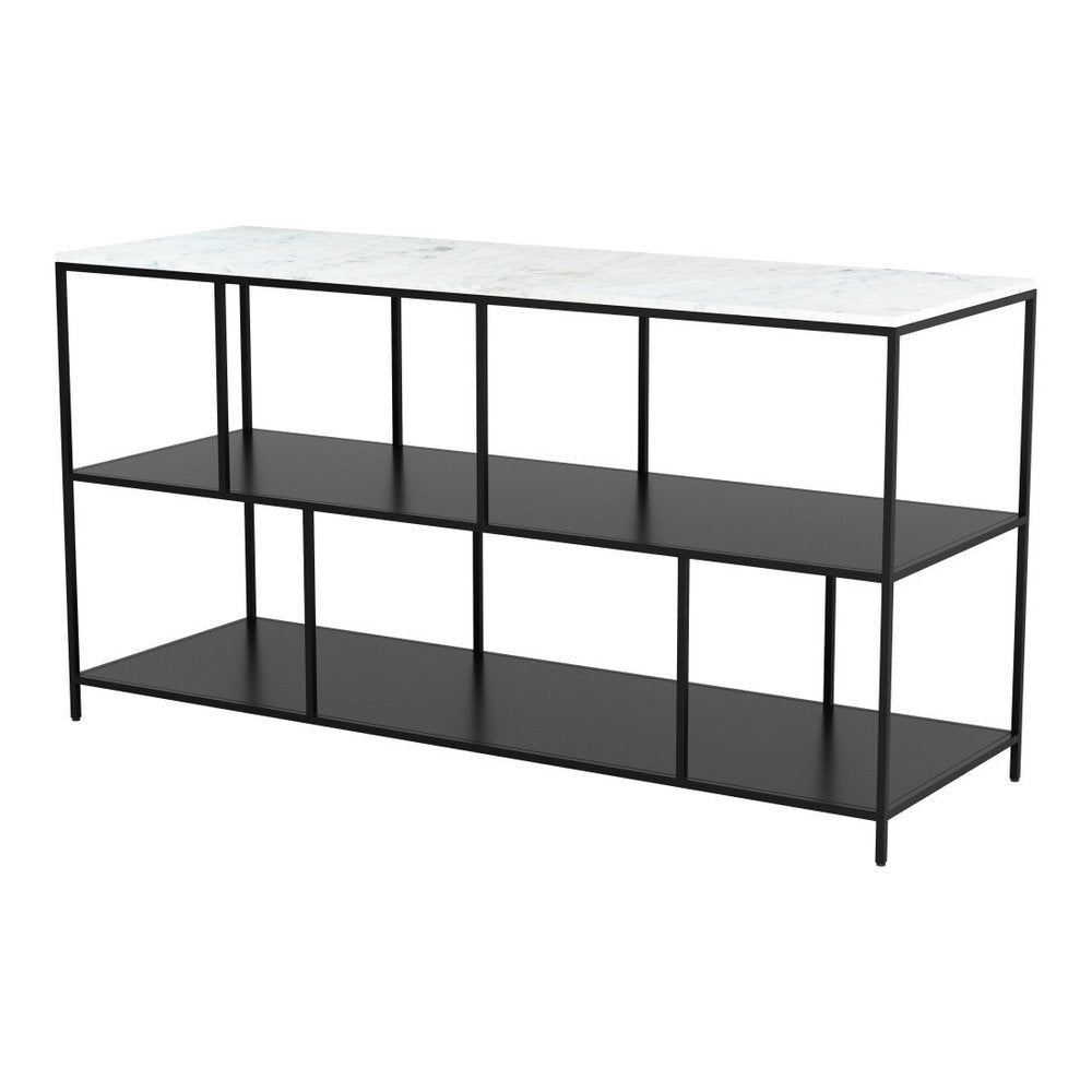 54" White and Black Genuine Marble and Steel Frame Console Table With Two Shelves