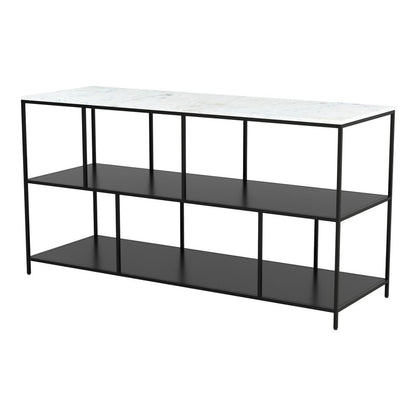 54" White and Black Genuine Marble and Steel Frame Console Table With Two Shelves