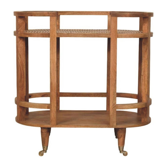 35" Golden Brown Rattan and Solid Wood Oval Wheel Console Table With Shelf
