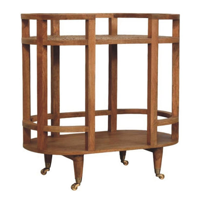 35" Golden Brown Rattan and Solid Wood Oval Wheel Console Table With Shelf