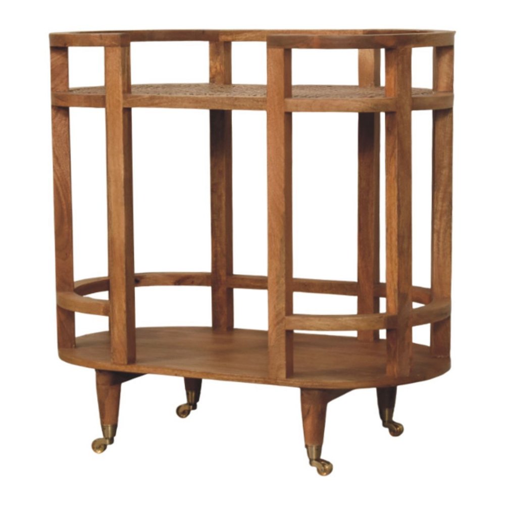35" Golden Brown Rattan and Solid Wood Oval Wheel Console Table With Shelf