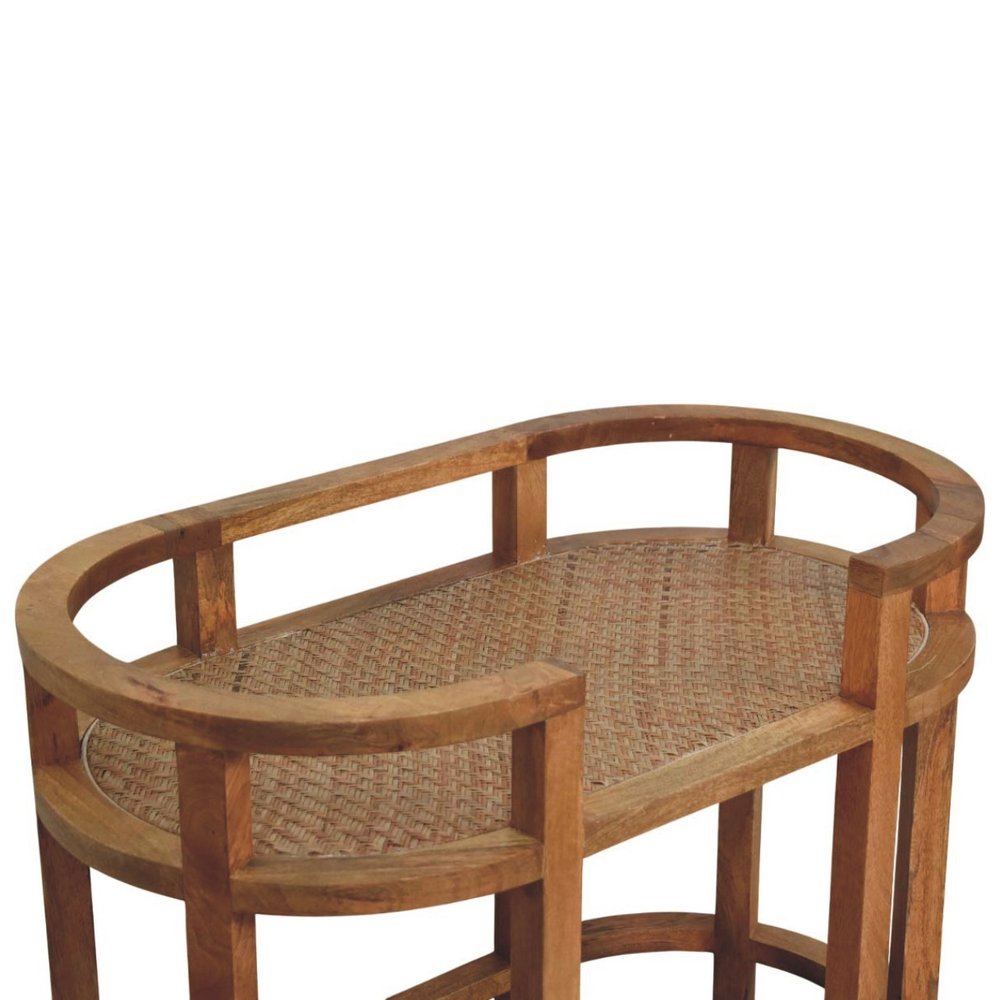 35" Golden Brown Rattan and Solid Wood Oval Wheel Console Table With Shelf