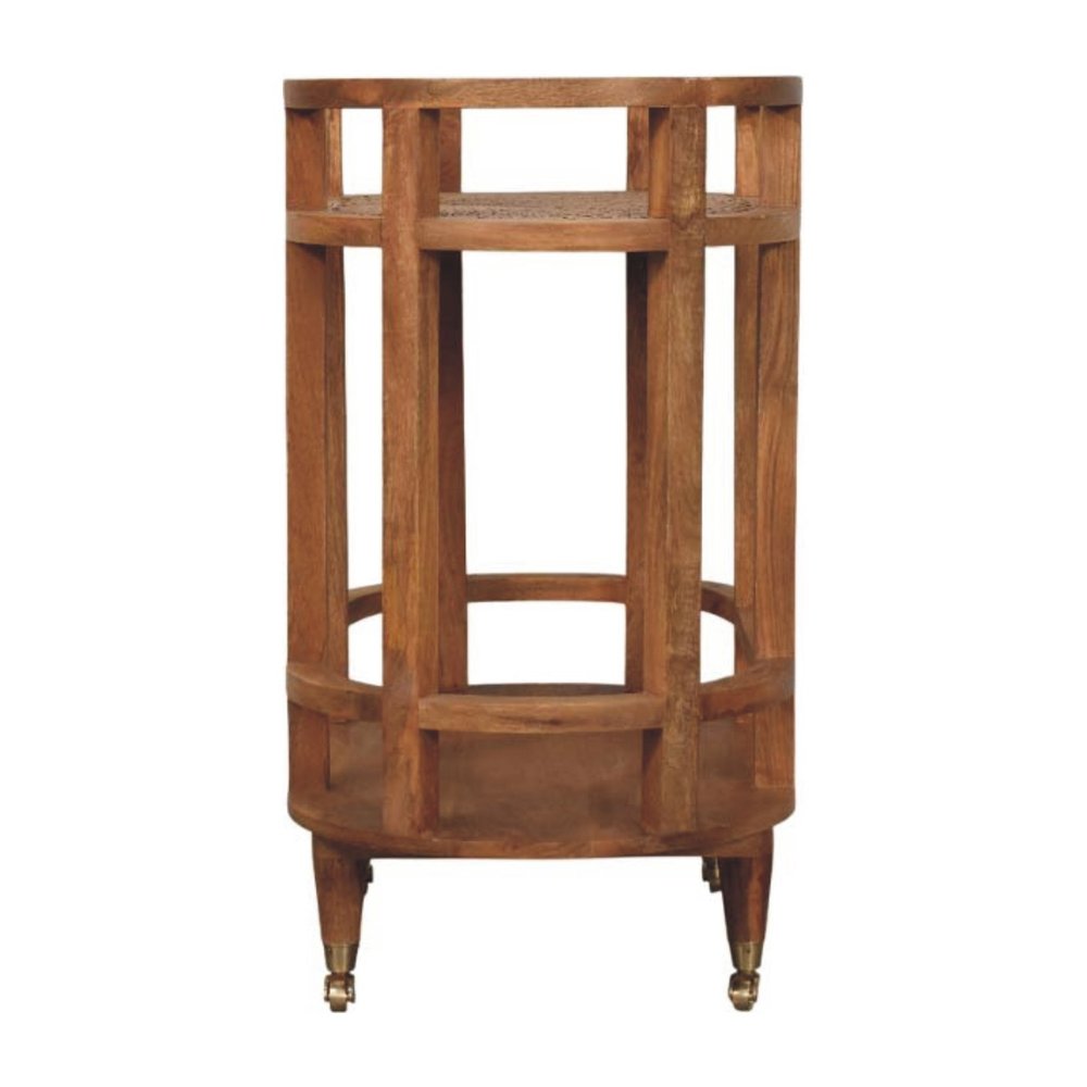 35" Golden Brown Rattan and Solid Wood Oval Wheel Console Table With Shelf