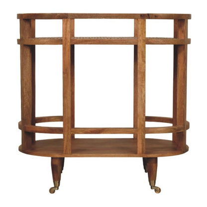 35" Golden Brown Rattan and Solid Wood Oval Wheel Console Table With Shelf