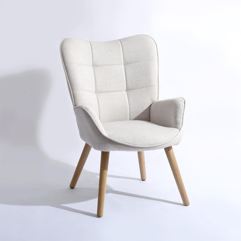 23" Beige and Natural Tufted Chenille and Solid Wood Wingback Chair