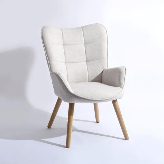 23" Beige and Natural Tufted Chenille and Solid Wood Wingback Chair