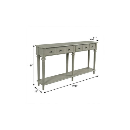60" Gray Wood Six Leg Console Table With Shelf And Four Drawers
