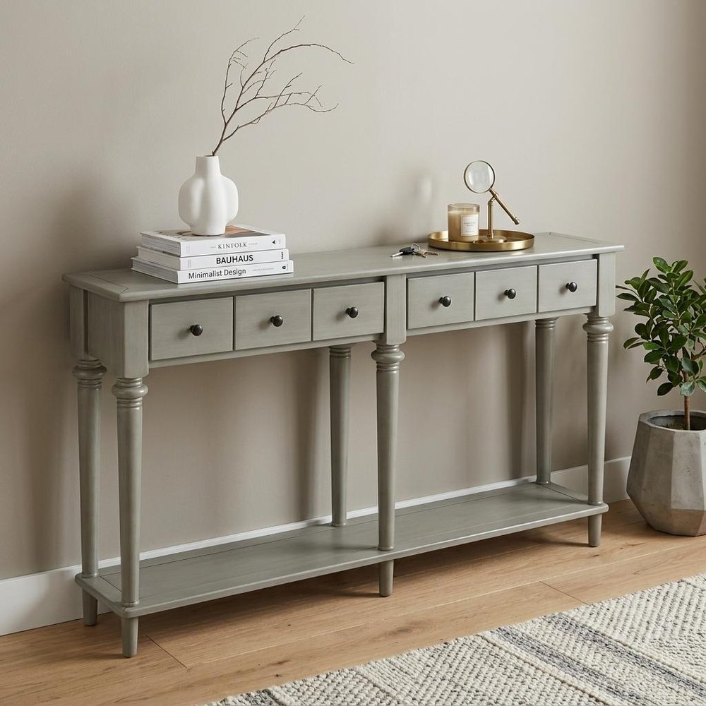 60" Gray Wood Six Leg Console Table With Shelf And Four Drawers