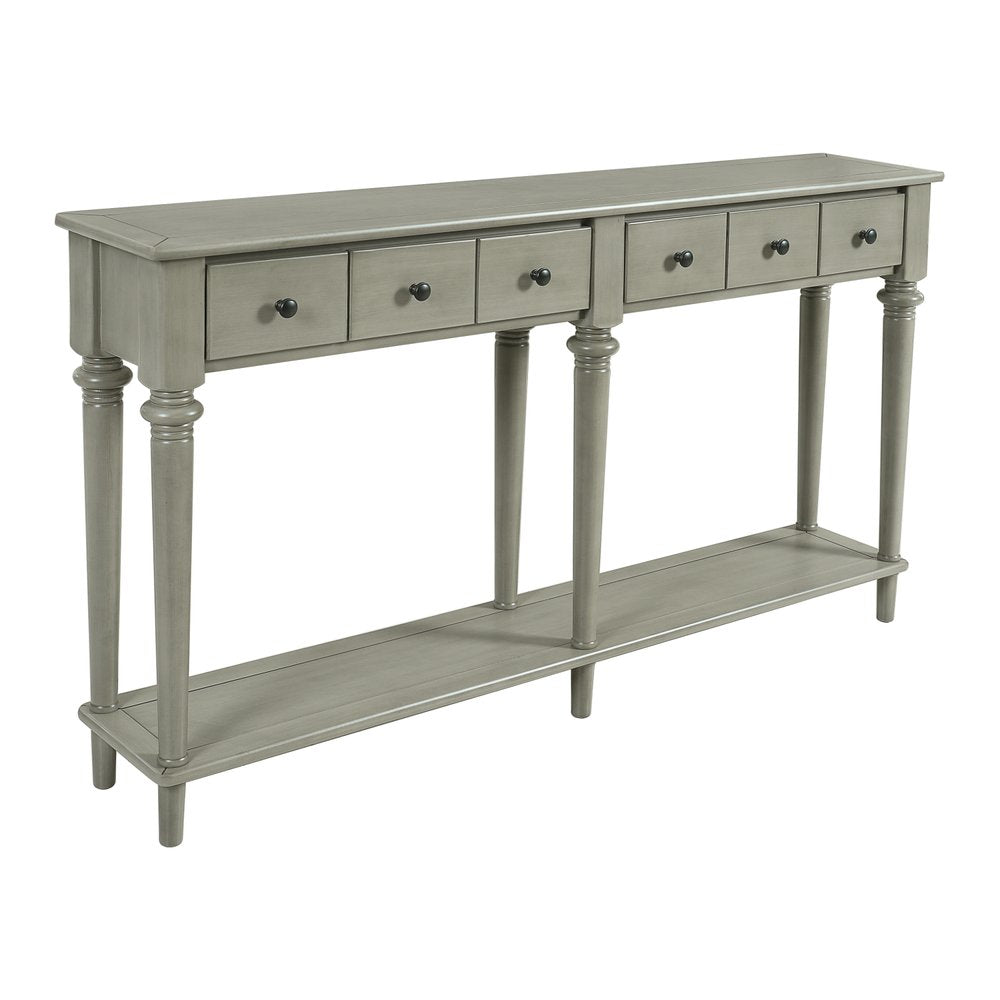 60" Gray Wood Six Leg Console Table With Shelf And Four Drawers