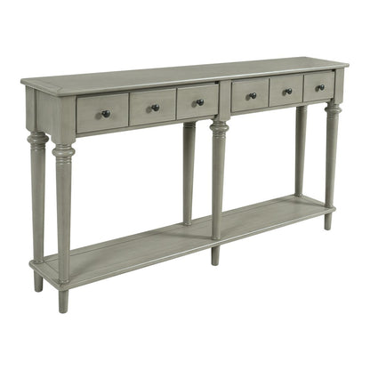 60" Gray Wood Six Leg Console Table With Shelf And Four Drawers