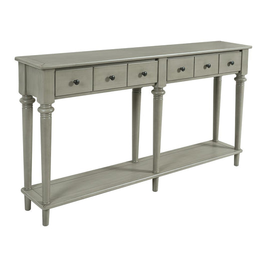 60" Gray Wood Six Leg Console Table With Shelf And Four Drawers