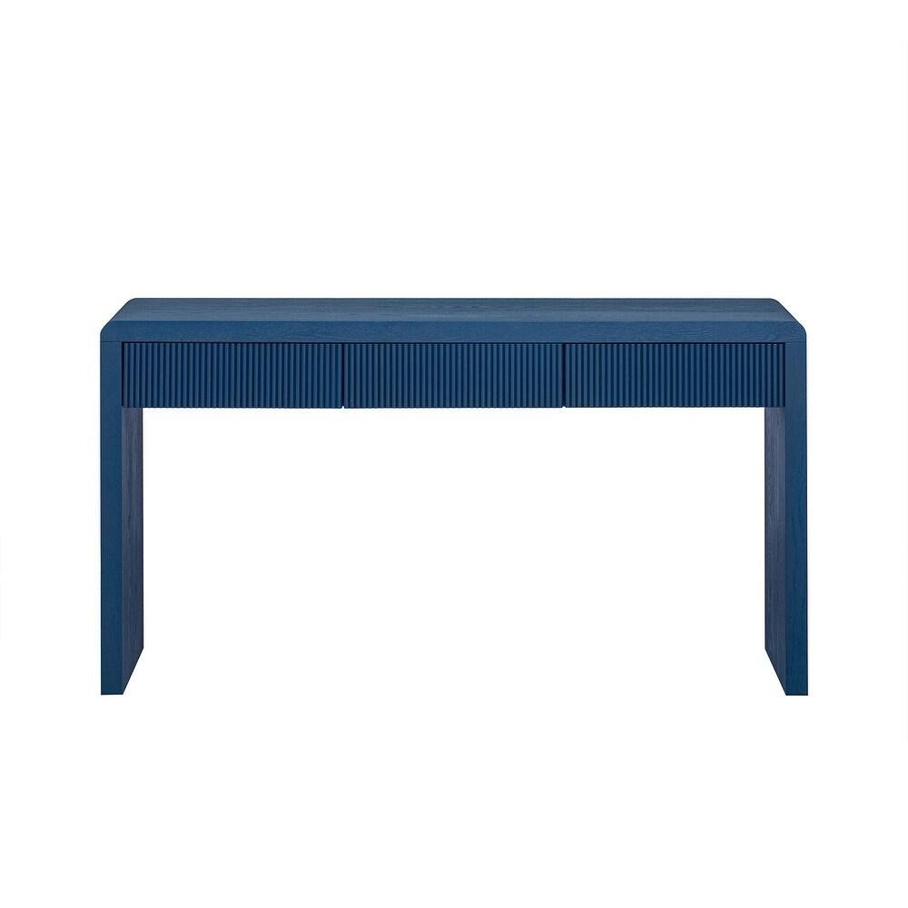 55" Blue Wood Double Pedestal Console Table With Three Drawers