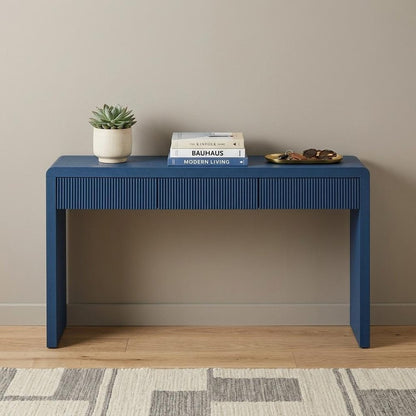 55" Blue Wood Double Pedestal Console Table With Three Drawers