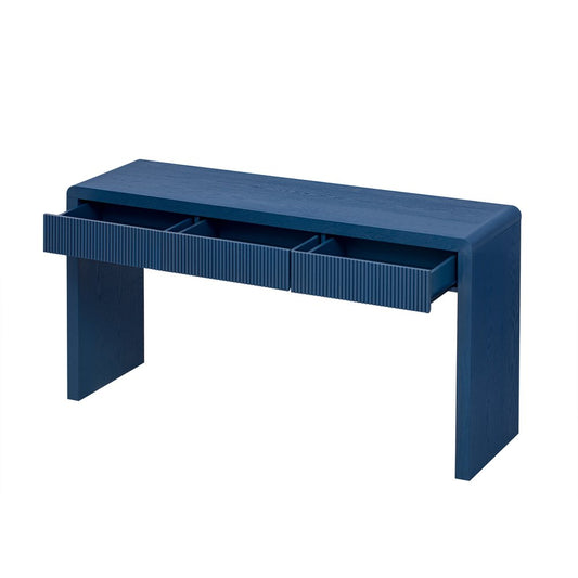 55" Blue Wood Double Pedestal Console Table With Three Drawers