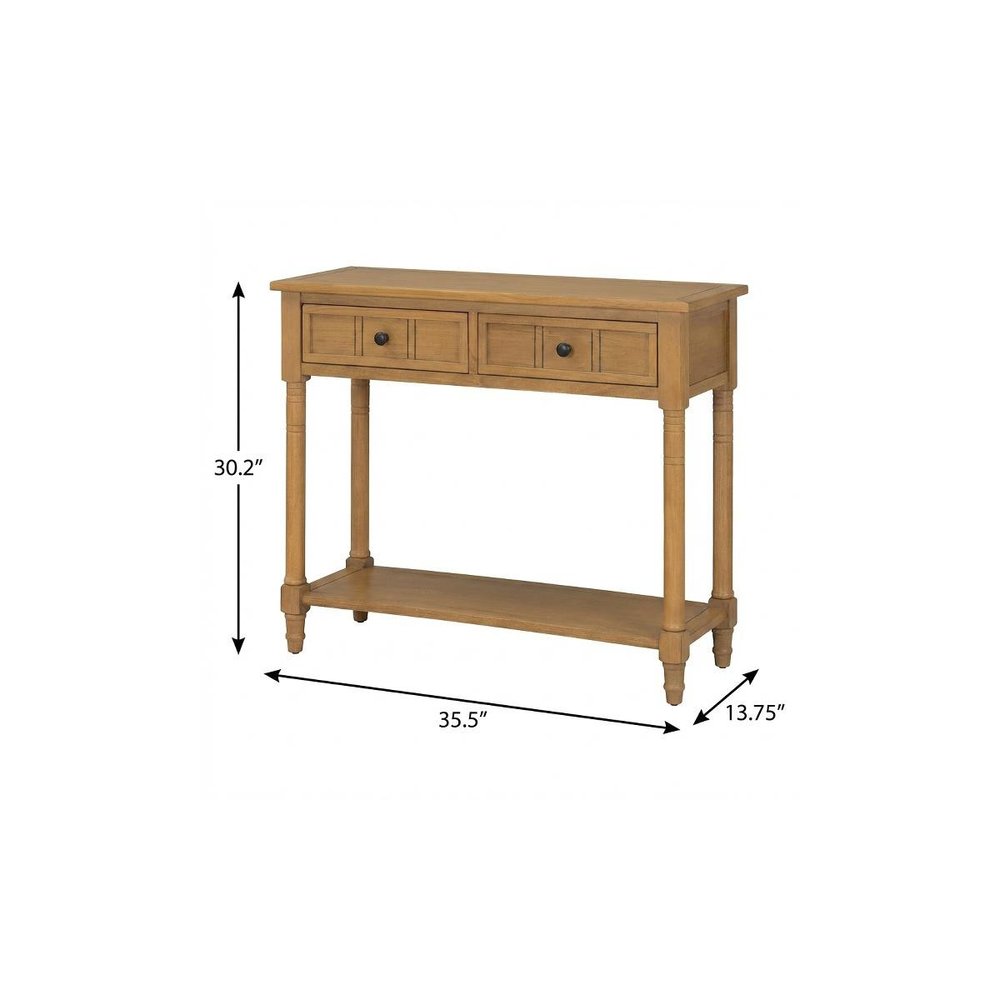 36" Natural Solid Wood Console Table With Shelf And Two Drawers