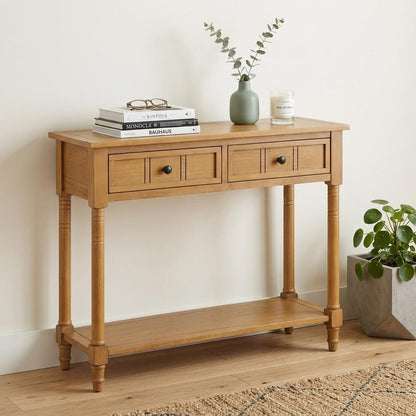 36" Natural Solid Wood Console Table With Shelf And Two Drawers