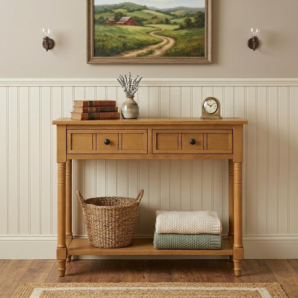 36" Natural Solid Wood Console Table With Shelf And Two Drawers