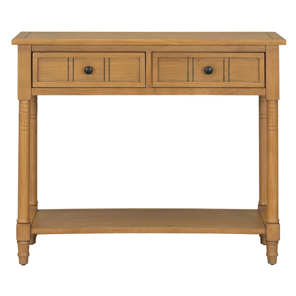 36" Natural Solid Wood Console Table With Shelf And Two Drawers