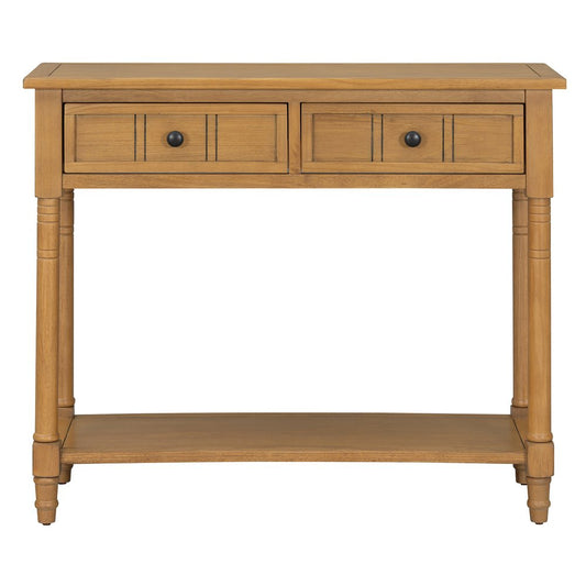 36" Natural Solid Wood Console Table With Shelf And Two Drawers