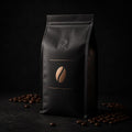 Matte black coffee bean bag with bronze foil detail