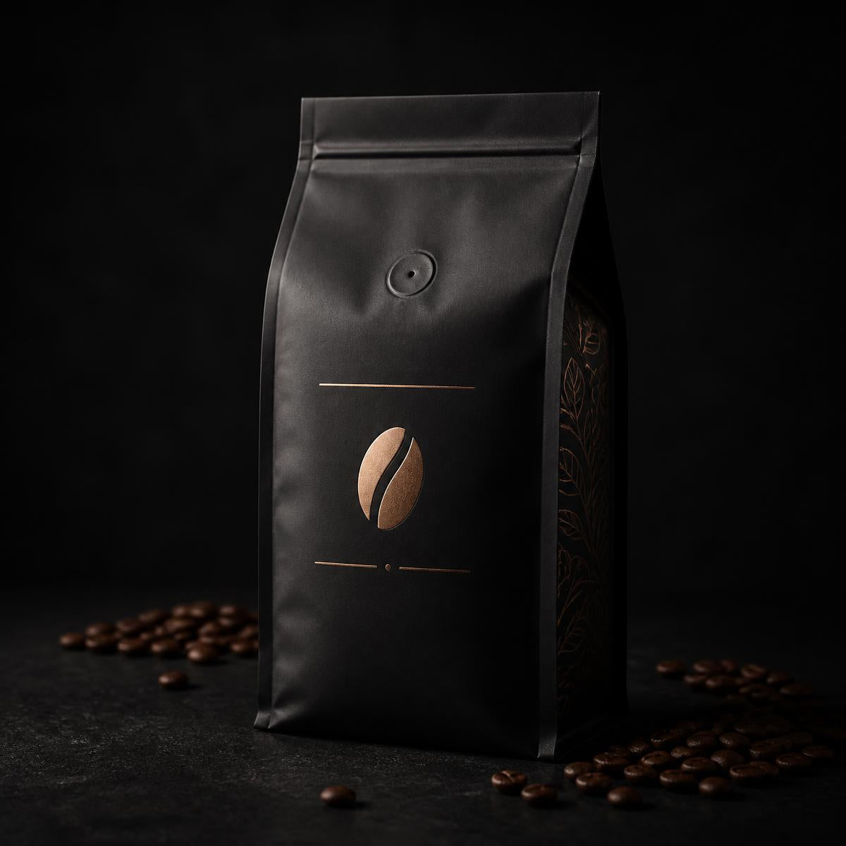 Matte black coffee bean bag with bronze foil detail
