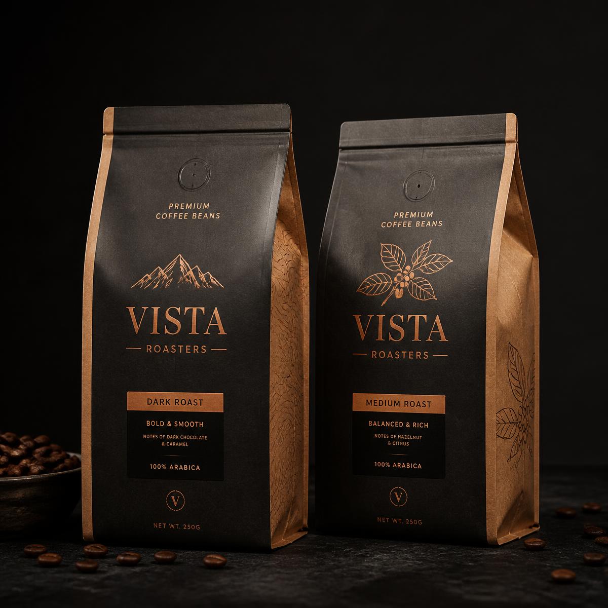 Two premium coffee bean bags with bronze foil typography