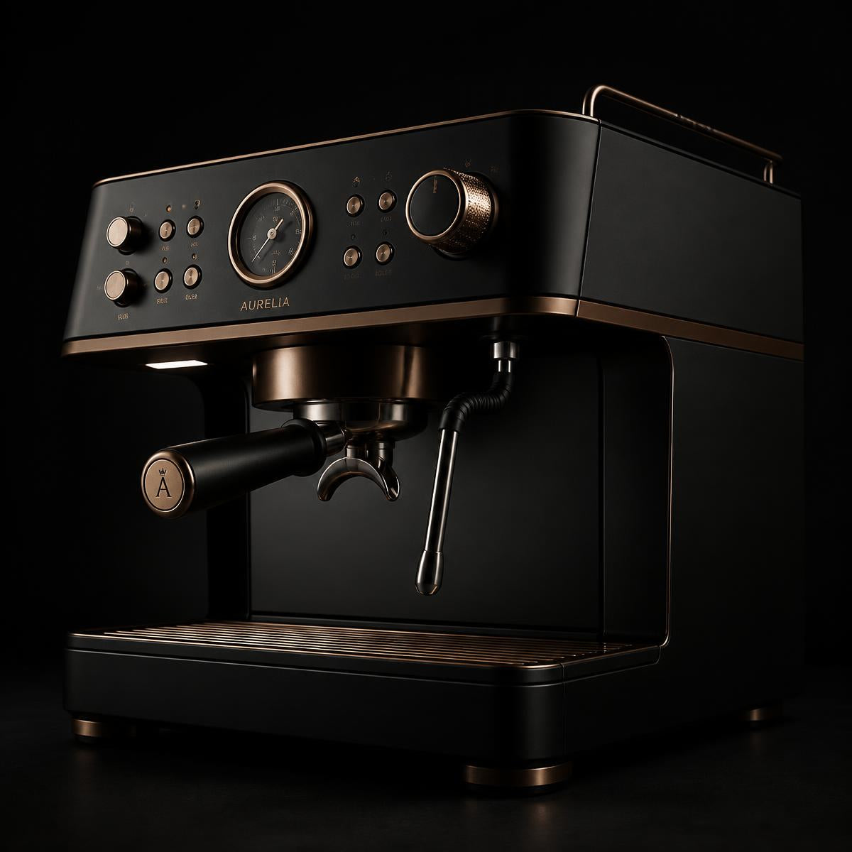 Matte black espresso machine with bronze accents