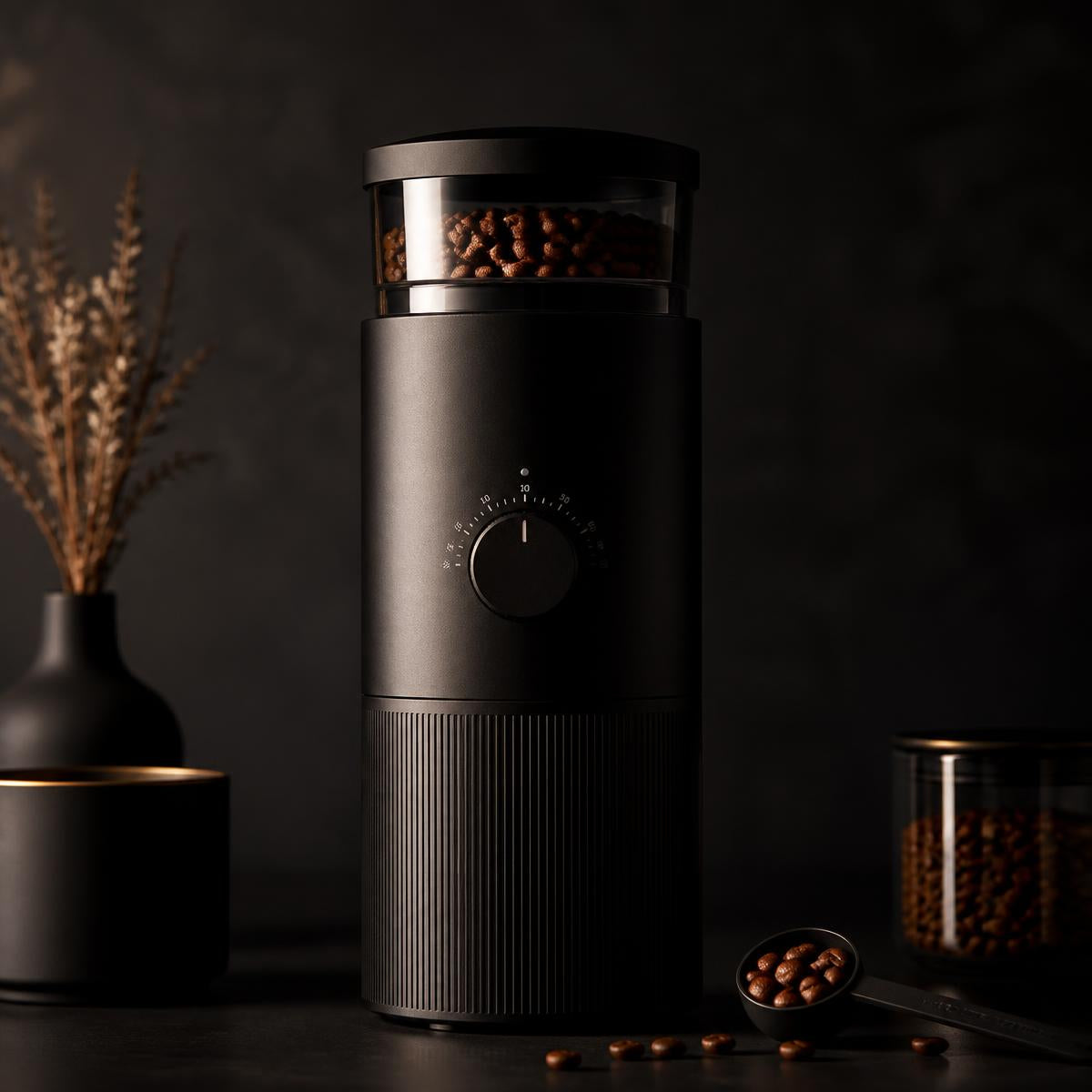 Matte black electric burr grinder