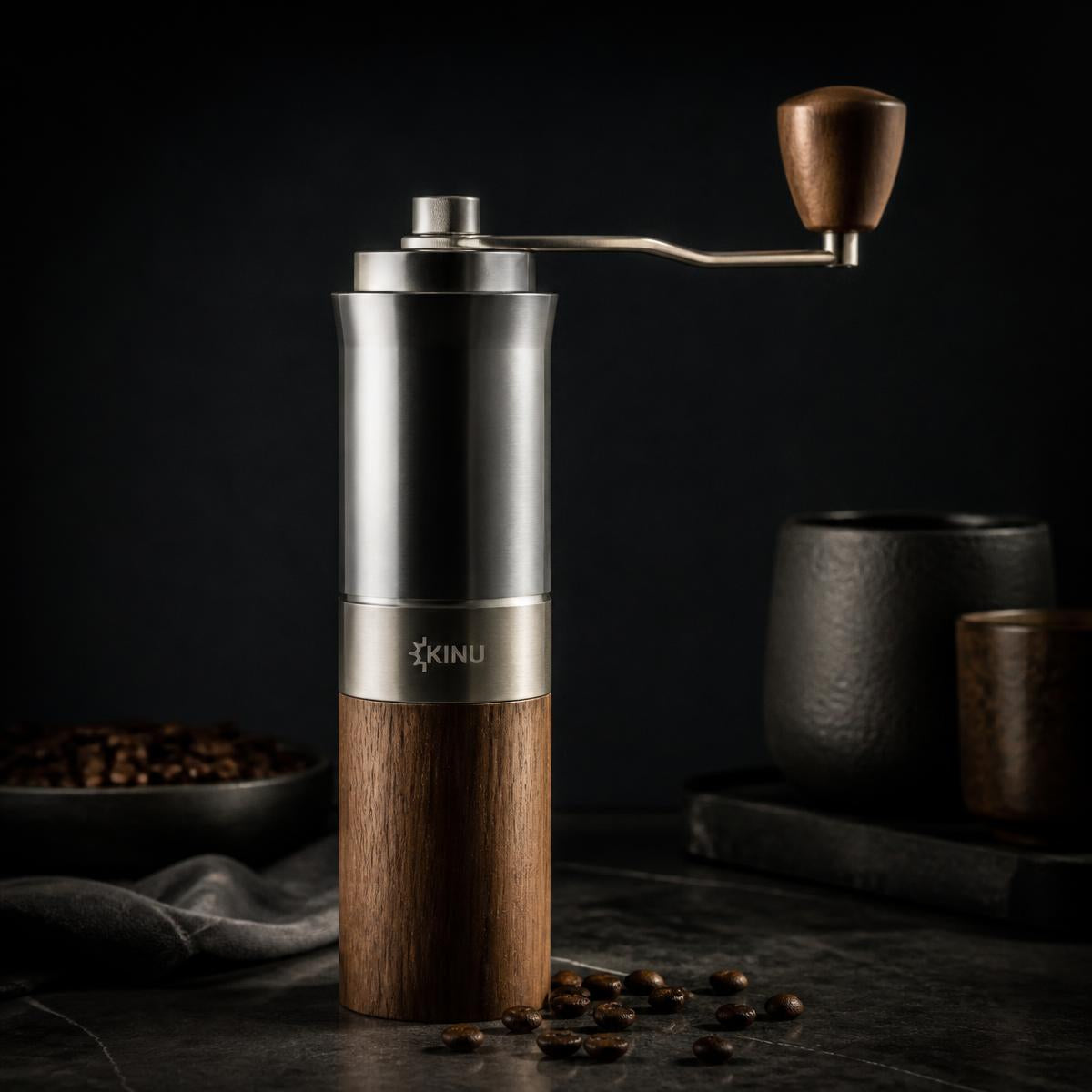 Stainless steel and walnut hand grinder