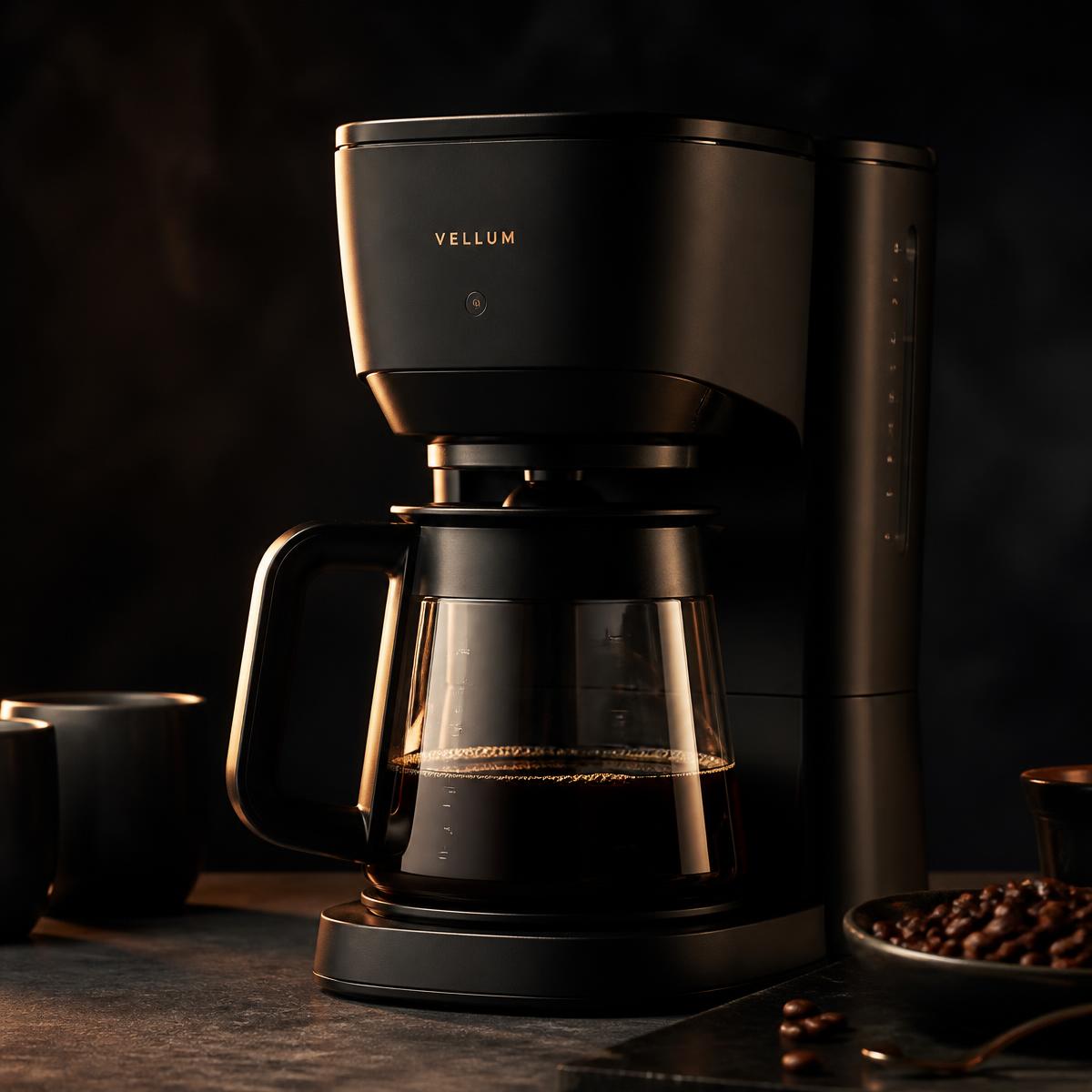 Matte black batch coffee brewer with glass carafe