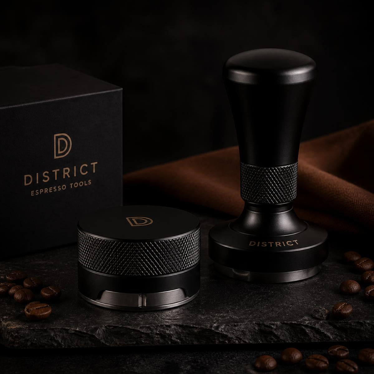 Black espresso tamper and distribution tool set